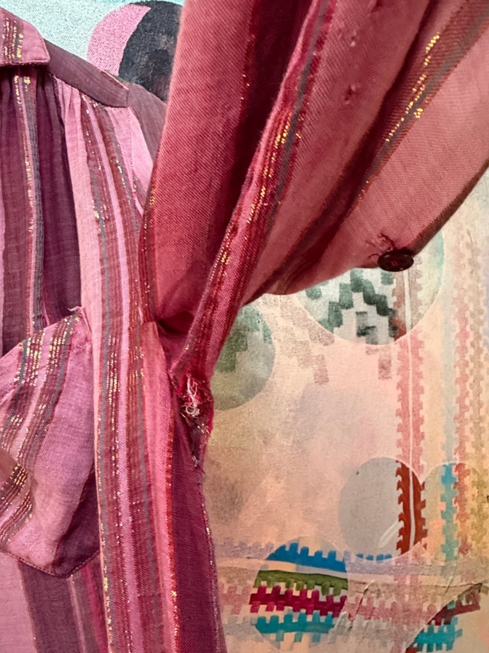 Vintage Indian Cotton Gauze Blouse Pink Metallic Stripes Size small - Picture 14 of 14